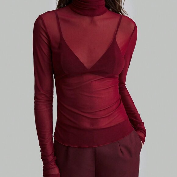 Burgundy Wine Red Sexy Women's Elegant mesh turtlenck Top - Picture 4 of 8